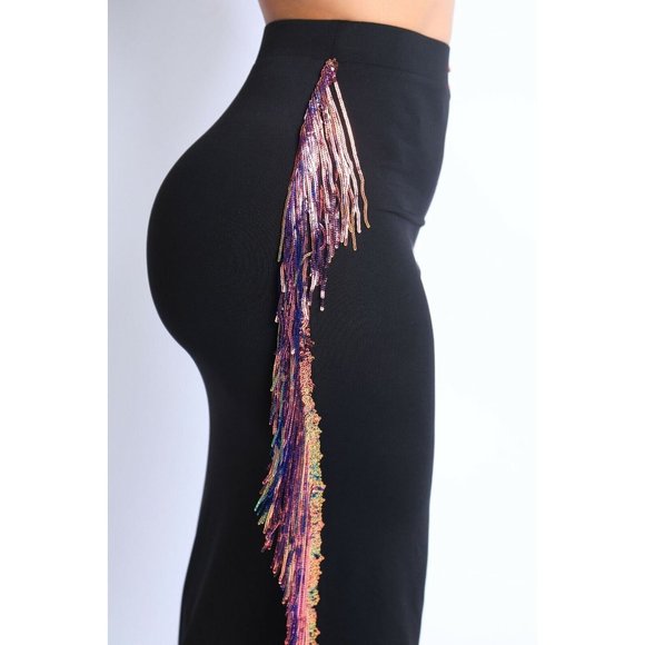 Womens Elastic High Waist Stretch Bodycon Sequins Fringe Maxi Pencil Party Skirt - Picture 3 of 8